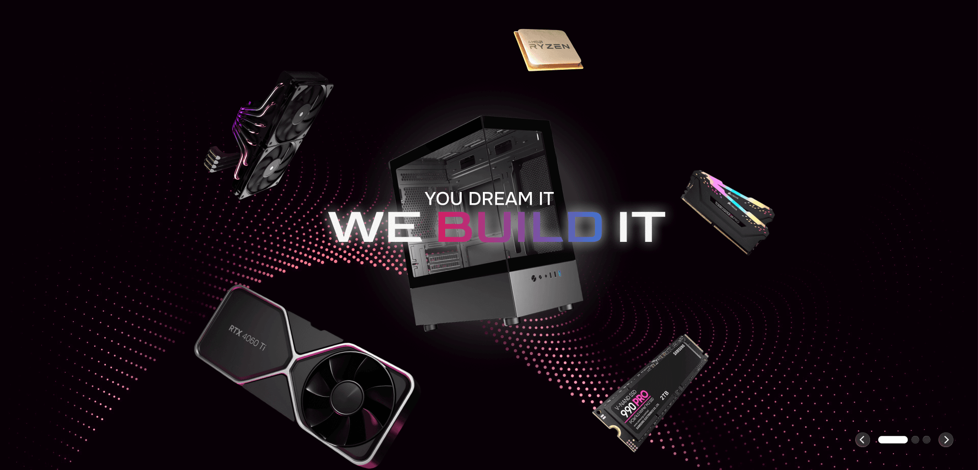 Custom PC components including case, GPU, CPU, and RAM