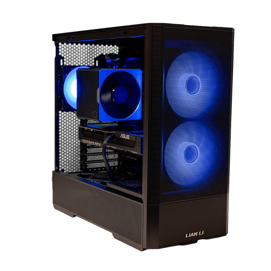 Lian Li 207 gaming PC with a glass side panel, blue internal lighting, and two blue front fans